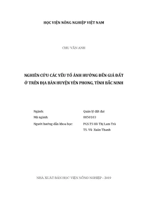 Luận văn thạc sĩ nghiên cứu các yếu tố ảnh hưởng đến giá đất ở trên địa bàn huyện yên phong tỉnh bắc ninh
