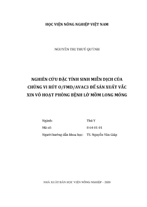 Luận văn thạc sĩ nghiên cứu đặc tính sinh miễn dịch của chủng vi rút o fmd avac3 để sản xuất vắc xin vô hoạt phòng bệnh lở mồm long móng