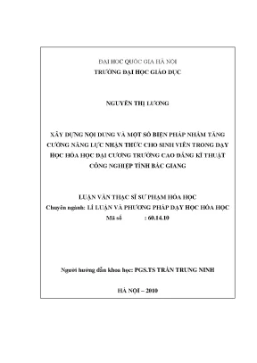 Luận văn thạc sĩ xây dựng nội dung và một số biện pháp nhằm nâng cao năng lực nhận thức cho sinh viên trong dạy học hóa học đại cương trường cao đẳng kỹ thuật công nghiệp tỉnh bắc giang
