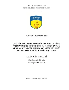 Luận văn thạc sĩ các yếu tố ảnh hưởng đến lợi nhuận ròng trên vốn chủ sở hữu của các công ty sản xuất và cung cấp điện được niêm yết trên thị trường chứng khoán việt nam