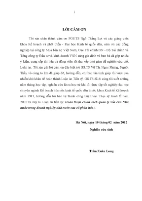 Luận án tiến sĩ hoàn thiện chính sách quản lý vốn của nhà nước trong doanh nghiệp sau cổ phần hóa