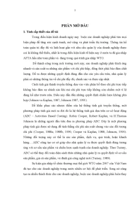 Luận văn thạc sĩ vận dụng phương pháp tính giá dựa trên cơ sở hoạt động abc cho ngành may trường hợp công ty cổ phần may trường giang quảng nam