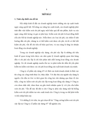 Luận văn thạc sĩ tăng cường kiểm soát chi phí xây lắp tại công ty cổ phần xây dựng 47