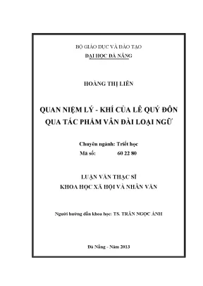 Luận văn thạc sĩ quan niệm lý khí của lê quý đôn qua tác phẩm vân đài loại ngữ