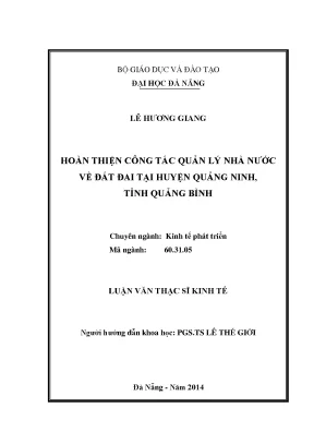 Luận văn thạc sĩ hoàn thiện công tác quản lý nhà nước về đất đai tại huyện quảng ninh tỉnh quảng bình