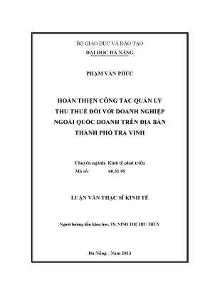 Luận văn thạc sĩ hoàn thiện công tác quản lý thu thuế đối với doanh nghiệp ngoài quốc doanh trên địa bàn thành phố trà vinh