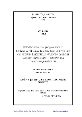 Nghiên cứu một sổ đặc điểm dịch tễ bệnh tụ huyết trùng ở lợn đặc điểm sinh vật học của vi khuẩn pasteurella multocida gây bệnh tụ huyết trùng ở lợn tại tỉnh phú thọ và biện pháp phòn