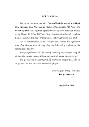 Luận văn thạc sĩ tmu hoàn thiện chiến lược dịch vụ khách hàng của ngân hàng nông nghiệp và phát triển nông thôn việt nam chi nhánh mỹ đình
