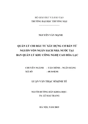 Luận văn thạc sĩ tmu quản lý chi đầu tư xây dựng cơ bản từ nguồn vốn ngân sách nhà nước tại ban quản lý khu công nghệ cao hòa lạc 1