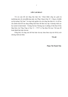 Luận văn thạc sĩ tmu hoàn thiện công tác quản trị marketing mix cho sản phẩm may mặc của tổng công ty may 10 công ty cổ phần tại thị trường việt nam