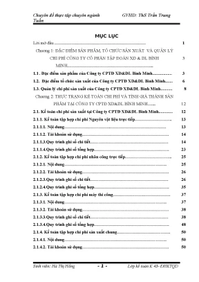 Hoàn thiện kế toán chi phí sản xuất và tính giá thành sản phẩm xây lắp tại công ty cptđ xddl bình minh