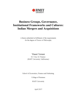 Doctoral thesis of philosophy business groups governance institutional frameworks and cultures indian mergers and acquisitions