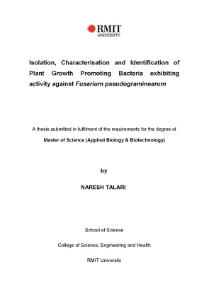 Masters thesis of science applied biology biotechnology isolation characterisation and identification of plant growth promoting bacteria exhibiting activity against fusarium pseudograminearum in chickpea and wheat