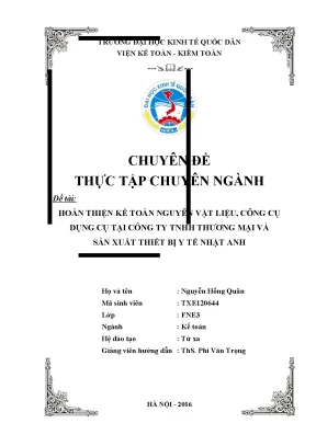 Hoàn thiện kế toán nguyên vật liệu công cụ dụng cụ tại công ty tnhh thương mại và sản xuất thiết bị y tế nhật anh