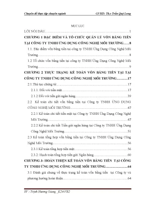 Hoàn thiện kế toán vốn bằng tiền tại công ty tnhh ứng dụng công nghệ môi trường