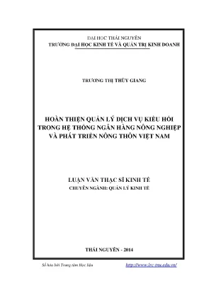Luận văn thạc sĩ hoàn thiện quản lý dịch vụ kiều hối trong hệ thống ngân hàng nông nghiệp và phát triển nông thôn việt nam