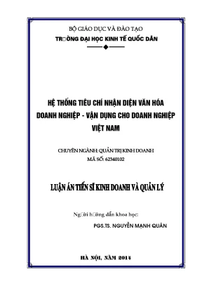 Luận án tiến sĩ hệ thống tiêu chí nhận diện văn hoá doanh nghiệp vận dụng cho doanh nghiệp việt nam