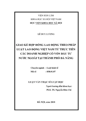 Luận văn thạc sĩ giao kết hợp đồng lao động theo pháp luật lao động việt nam từ thực tiển các doanh nghiệp có vốn đầu tư nước ngoài tại thành phố đà nẵng