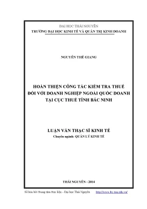 Luận văn thạc sĩ hoàn thiện công tác kiểm tra thuế đối với doanh nghiệp ngoài quốc doanh tại cục thuế tỉnh bắc ninh