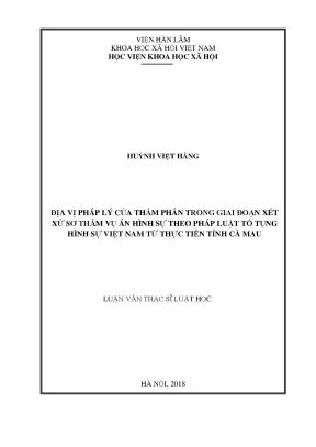 Luận văn thạc sĩ địa vị pháp lý của thẩm phán trong giai đoạn xét xử sơ thẩm vụ án hình sự theo pháp luật tố tụng hình sự việt nam từ thực tiễn tỉnh cà mau