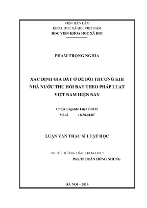 Luận văn thạc sĩ xác định giá đất ở để bồi thường khi nhà nước thu hồi đất theo pháp luật việt nam hiện nay