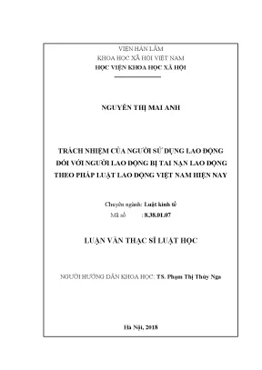 Luận văn thạc sĩ trách nhiệm của người sử dụng lao động đối với người lao động bị tai nạn lao động theo pháp luật lao động việt nam hiện nay