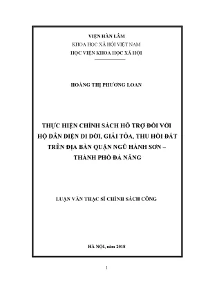 Luận văn thạc sĩ thực hiện chính sách hỗ trợ đối với hộ dân diện di dời giải tỏa thu hồi đất trên địa bàn quận ngũ hành sơn thành phố đà nẵng