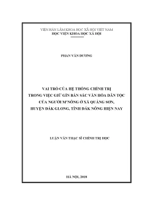 Luận văn thạc sĩ vai trò của hệ thống chính trị trong việc giữ gìn bản sắc văn hóa dân tộc của người mnông ở xã quảng sơn huyện đắk glong tỉnh đắk nông hiện nay
