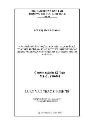 Các nhân tố ảnh hưởng đến việc thực hiện kế toán môi trường khảo sát thực nghiệm tại các doanh nghiệp sản xuất trên địa bàn thành phố hồ chí minh