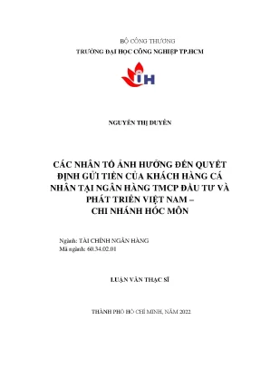 Các nhân tố ảnh hưởng đến quyết định gửi tiền của khách hàng cá nhân tại ngân hàng tmcp đầu tư và phát triển việt nam chi nhánh hóc môn