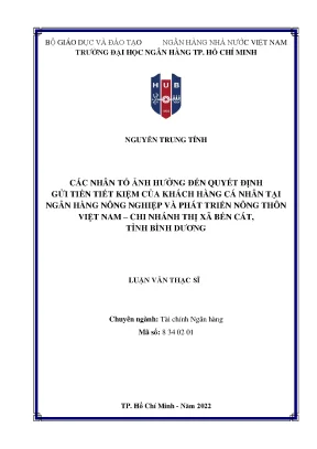 Các nhân tố ảnh hưởng đến quyết định gửi tiền tiết kiệm của khách hàng cá nhân tại ngân hàng nông nghiệp và phát triển nông thôn việt nam chi nhánh thị xã bến cát tỉnh bình dương
