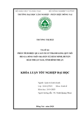Phân tích hiệu quả sản xuất thanh long quy mô hộ gia đình trên địa bàn xã hàm minh huyện hàm thuận nam tỉnh bình thuận
