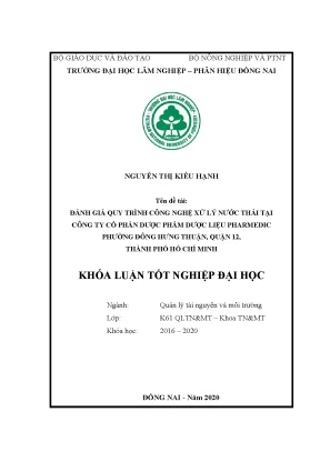 Đánh giá quy trình công nghệ xử lý nước thải tại công ty cổ phần dược phẩm dược liệu pharmedic p đông hưng thuận q 12 tp hcm