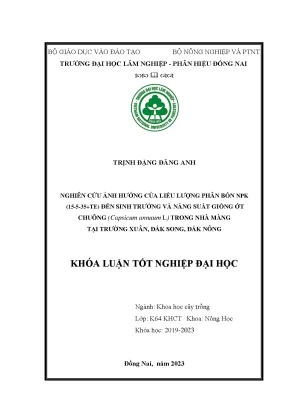 Nghiên cứu ảnh hưởng của liều lượng phân bón đến sinh trưởng và năng suất ớt chuông trong nhà màng tại xã trường xuân huyện đắk song tỉnh đắk nông