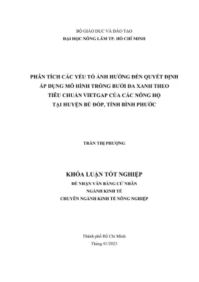 Khóa luận tốt nghiệp kinh tế nông nghiệp phân tích các yếu tố ảnh hưởng đến quyết định áp dụng mô hình trồng bưởi da xanh theo tiêu chuẩn vietgap của các nông hộ tại huyện bù đốp tỉnh bình phước