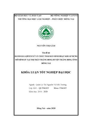 Đánh giá lợi ích xử lý chất thải rắn sinh hoạt theo phương pháp 3t thị trấn trảng bom huyện trảng bom tỉnh đồng nai