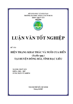 Khóa luận tốt nghiệp thủy sản hiện trạng khai thác và nuôi cua biển scylla spp tại huyện đông hải tỉnh bạc liêu