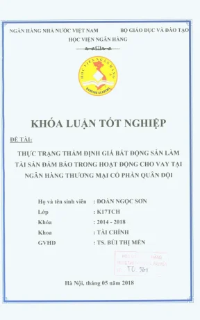 Khóa luận tốt nghiệp tài chính thực trạng thẩm định giá bất động sản làm tài sản đảm bảo trong hoạt động cho vay tại ngân hàng thương mại cổ phần quân đội