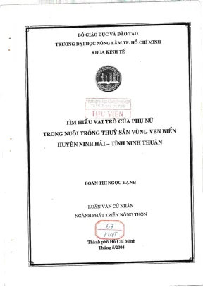 Khóa luận tốt nghiệp phát triển nông thôn tìm hiểu vai trò của phụ nữ trông nuôi trồng thuỷ sản vùng ven biển huyện ninh hải tỉnh ninh thuận