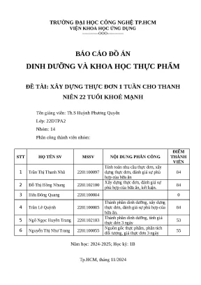 Báo cáo đồ án dinh dưỡng và khoa học thực phẩm đề tài xây dựng thực đơn 1 tuần cho thanh niên 22 tuổi khoẻ mạnh