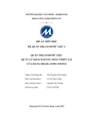 1 đồ án môn học quản lý khách hàng thân thiết tại cửa hàng highlands coffee