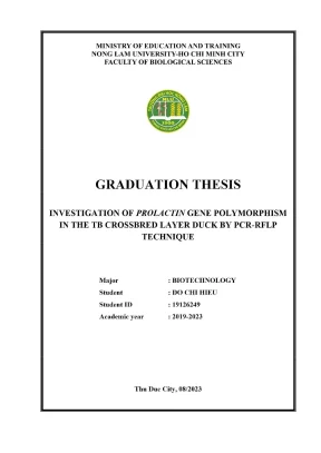 Khóa luận tốt nghiệp công nghệ sinh học investigation of prolactin gene polymorphism in the tb crossbred layer duck by pcr rflp technique