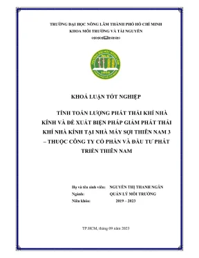 Khóa luận tốt nghiệp bảo vệ thực vật tính toán lượng phát thải khí nhà kính và đề xuất biện pháp giảm phát thải khí nhà kính tại nhà máy sợi thiên nam 3 thuộc công ty cổ phần và đầu tư phát triển thiên nam