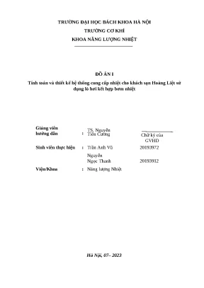 Đồ án i tính toán và thiết kế hệ thống cung cấp nhiệt cho khách sạn hoàng liệt sử dụng lò hơi kết hợp bơm nhiệt