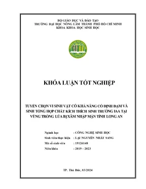 Khóa luận tốt nghiệp công nghệ sinh học tuyển chọn vi sinh vật có khả năng cố định đạm và sinh tổng hợp chất kích thích sinh trưởng iaa tại vùng trồng lúa bị xâm nhập mặn tỉnh long an