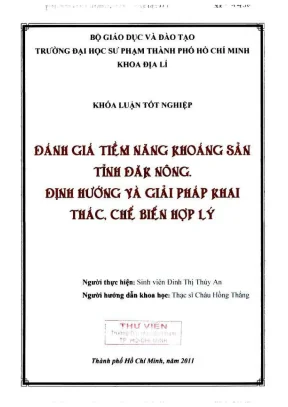 Khóa luận tốt nghiệp địa lý đánh giá tiềm năng khoáng sản tỉnh đăk nông định hướng và giải pháp khai thác chế biến hợp lý