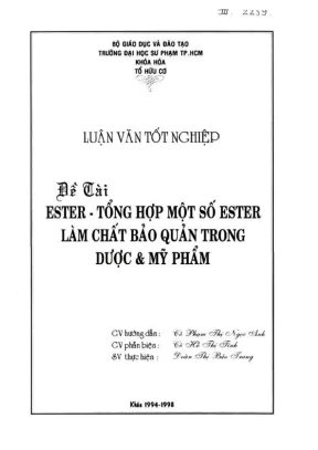 Khóa luận tốt nghiệp hóa học ester tổng hợp một số ester làm chất bảo quản trong dược và mỹ phẩm