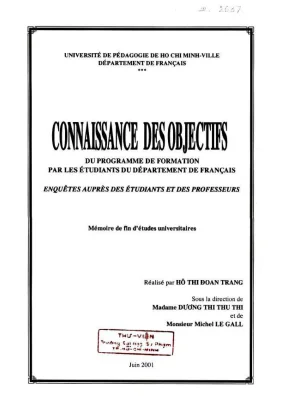 Khóa luận tốt nghiệp tiếng pháp connaissance des objectifs du programme de formation par les étudiants du département de francais enqêtes auprès des étudiants et des professeurs mémoire de fin détud