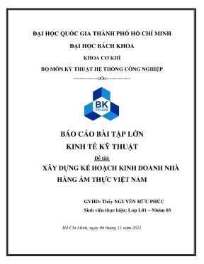 Dự án xây dựng kế hoạch kinh doanh nhà hàng ẩm thực việt nam kinh tế kỹ thuật