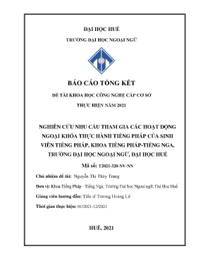 Nghiên cứu nhu cầu tham gia các hoạt động ngoại khóa thực hành tiếng pháp của sinh viên tiếng pháp khoa tiếng pháp tiếng nga